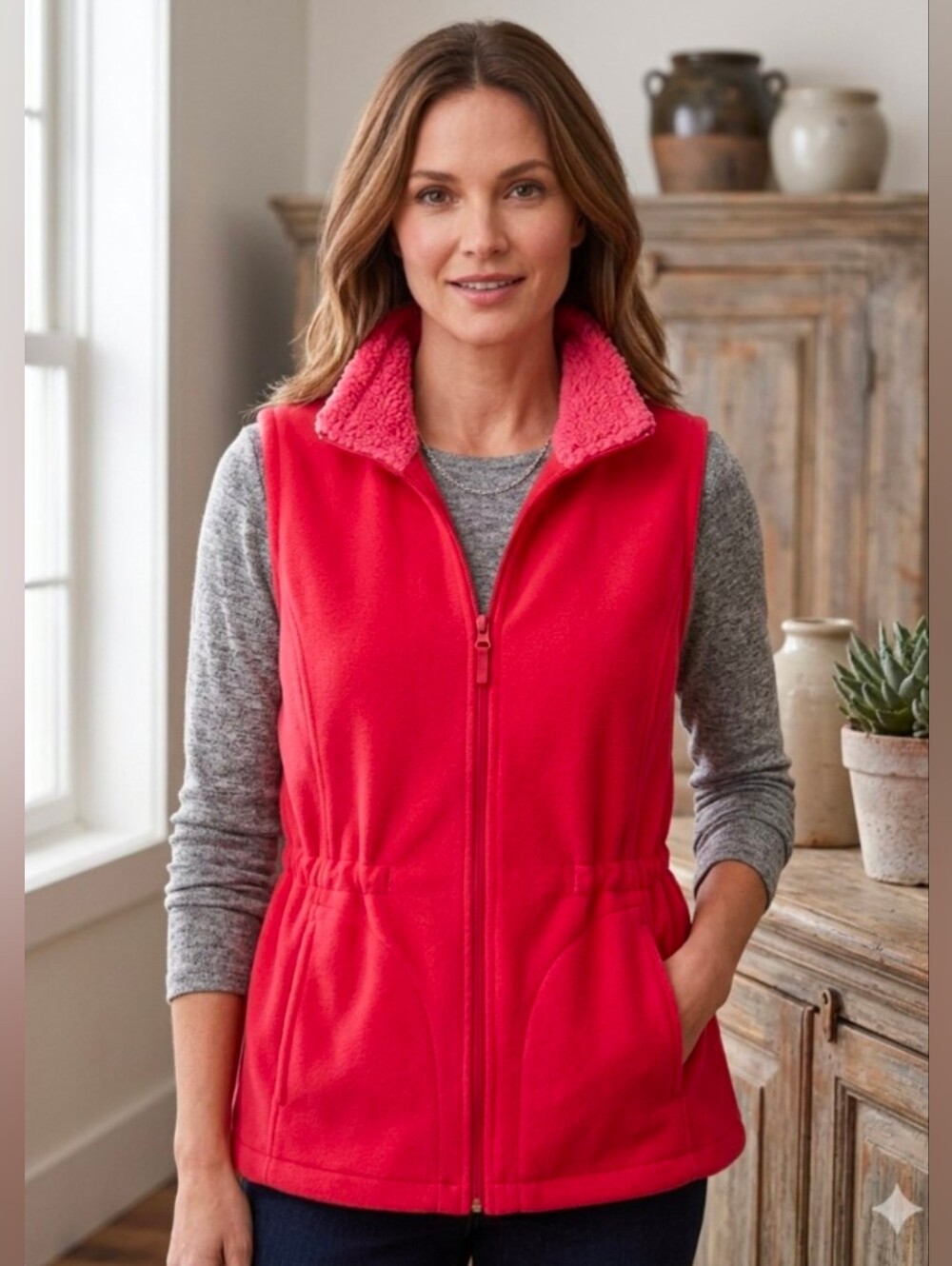 Gloria Vanderbilt Tomato Red Fleece Katherine Vest Funnel Neck Collar Peplum S